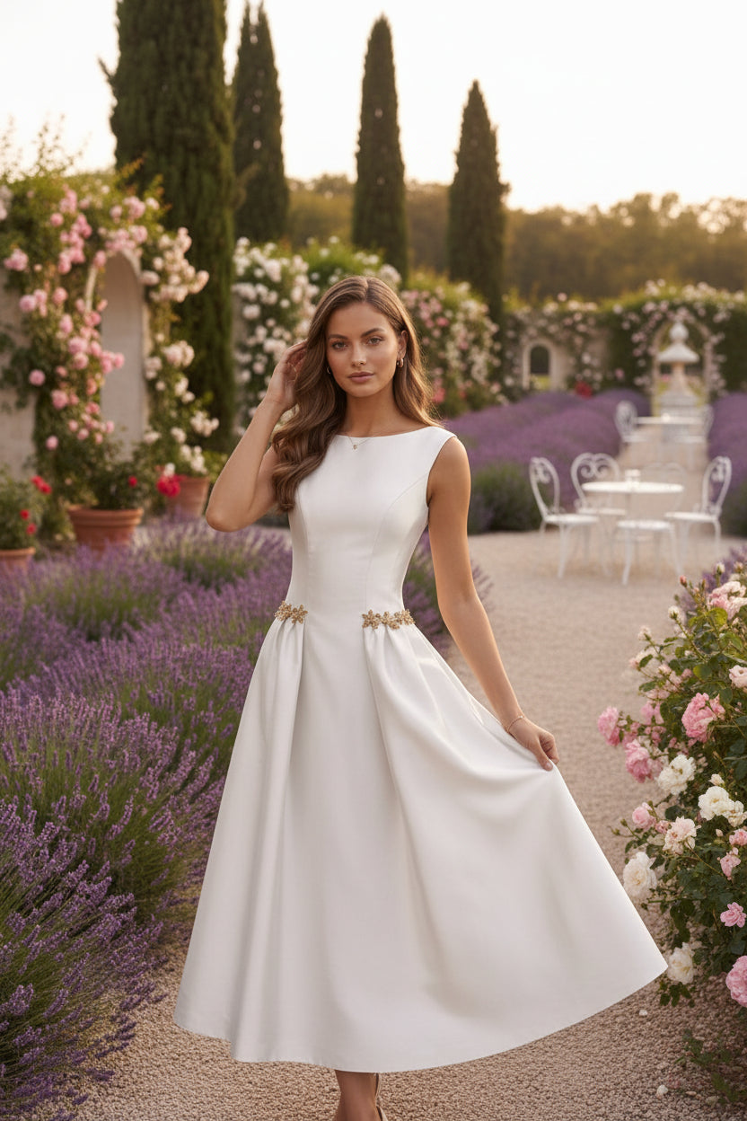 Scoop Satin Cocktail Dresses Sleeveless Tea-Length Rhinestone Formal Dresses
