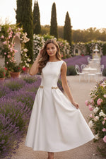 Scoop Satin Cocktail Dresses Sleeveless Tea-Length Rhinestone Formal Dresses