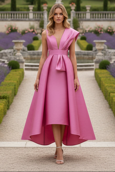 V-Neck Satin Cocktail Dresses with Overskirt Sleeveless Tea-Length Ruched Formal Dresses