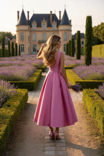 V-Neck Satin Cocktail Dresses with Overskirt Sleeveless Tea-Length Ruched Formal Dresses