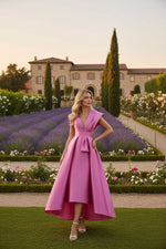 V-Neck Satin Cocktail Dresses with Overskirt Sleeveless Tea-Length Ruched Formal Dresses