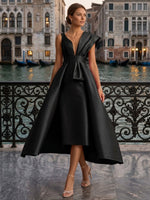 V-Neck Satin Cocktail Dresses with Overskirt Sleeveless Tea-Length Ruched Formal Dresses