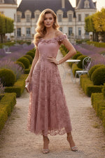 Off-the-Shoulder Lace Seuiqns Cocktail Dresses 3D Flower Sleeveless Floral Tea-Length Formal Dresses