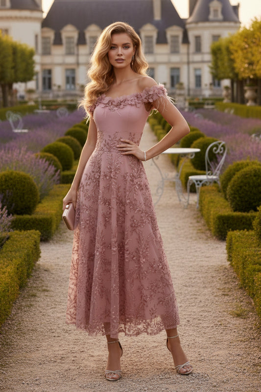 Off-the-Shoulder Lace Seuiqns Cocktail Dresses 3D Flower Sleeveless Floral Tea-Length Formal Dresses