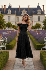 Off-the-Shoulder Lace Seuiqns Cocktail Dresses 3D Flower Sleeveless Floral Tea-Length Formal Dresses
