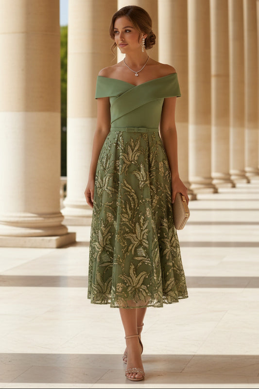 A-Line/Princess Off-the-Shoulder Stretch Satin Sleeveless Sequins Floral Tea-Length Formal  Dresses