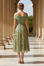 A-Line/Princess Off-the-Shoulder Stretch Satin Sleeveless Sequins Floral Tea-Length Formal  Dresses