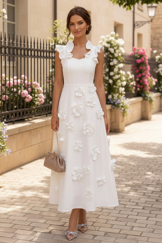 A-Line/Princess V-Neck Stretch Satin with 3D Flowers Sleeveless Ruffles Tea-Length Formal Dresses Little White Dresses