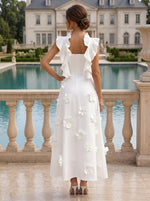 A-Line/Princess V-Neck Stretch Satin with 3D Flowers Sleeveless Ruffles Tea-Length Formal Dresses Little White Dresses