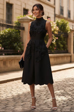 A-Line/Princess Mock Neck Stretch Satin with 3D Flowers Sleeveless Tea-Length Formal Dresses Little White Dresses