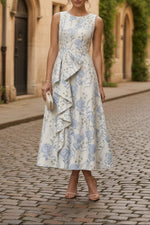 A-Line/Princess Scoop Jacquard Sleeveless Floral Tea-Length Formal Dresses Ruffles
