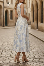 A-Line/Princess Scoop Jacquard Sleeveless Floral Tea-Length Formal Dresses Ruffles