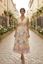 A-Line/Princess V-Neck Tulle Sleeveless Floral Tea-Length Formal Dresses