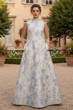 Mock Neck Jacquard Evening Dresses Floral Sleeveless Floor-Length Party Dresses