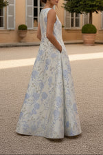 Mock Neck Jacquard Evening Dresses Floral Sleeveless Floor-Length Party Dresses