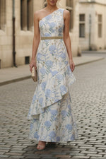 One-Shoulder Jacquard Evening Dresses Floral Sleeveless Ankle-Length Ruffles