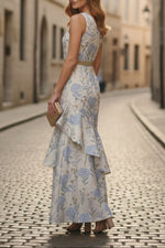 One-Shoulder Jacquard Evening Dresses Floral Sleeveless Ankle-Length Ruffles
