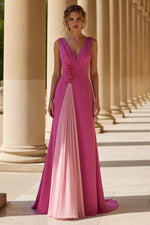 V-Neck Satin Evening Dresses Sleeveless Floor-Length Floral Ruched