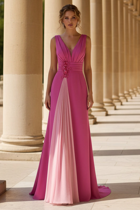 V-Neck Satin Evening Dresses Sleeveless Floor-Length Floral Ruched