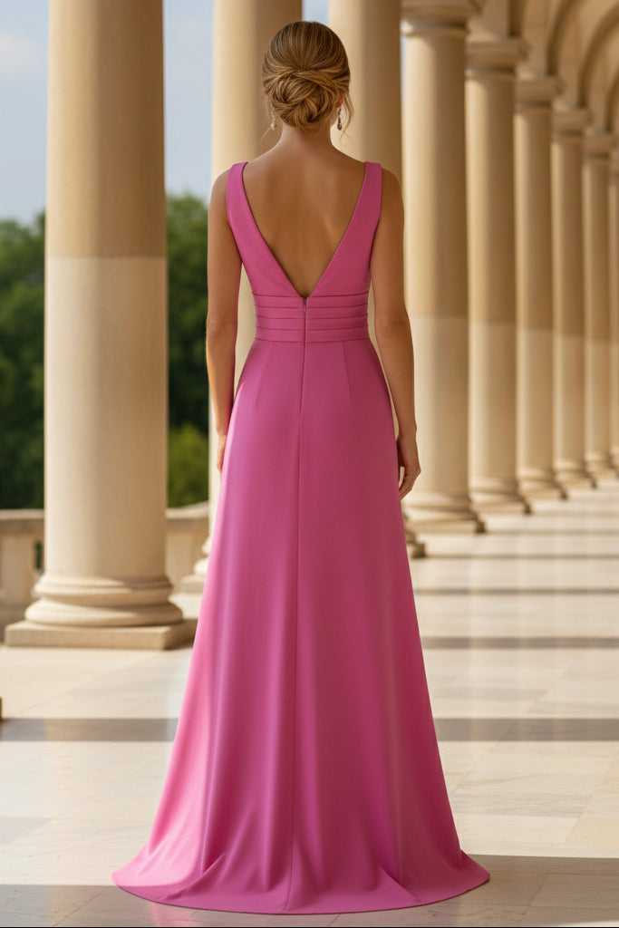 V-Neck Satin Evening Dresses Sleeveless Floor-Length Floral Ruched