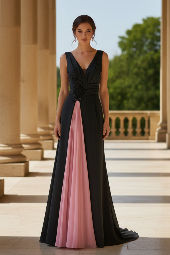 V-Neck Satin Evening Dresses Sleeveless Floor-Length Floral Ruched