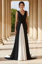 V-Neck Satin Evening Dresses Sleeveless Floor-Length Floral Ruched