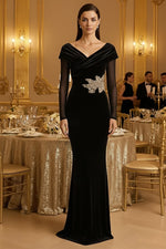 Sequins Applique V-Neck Long Sleeve Formal Mermaid Evening Dress