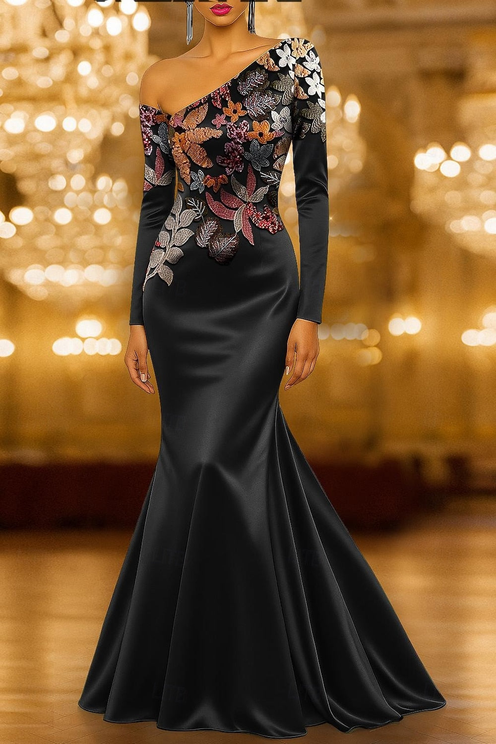 Glitter Sequins Sparkle One Shouder Long Sleeve Mermaid Evening Dress