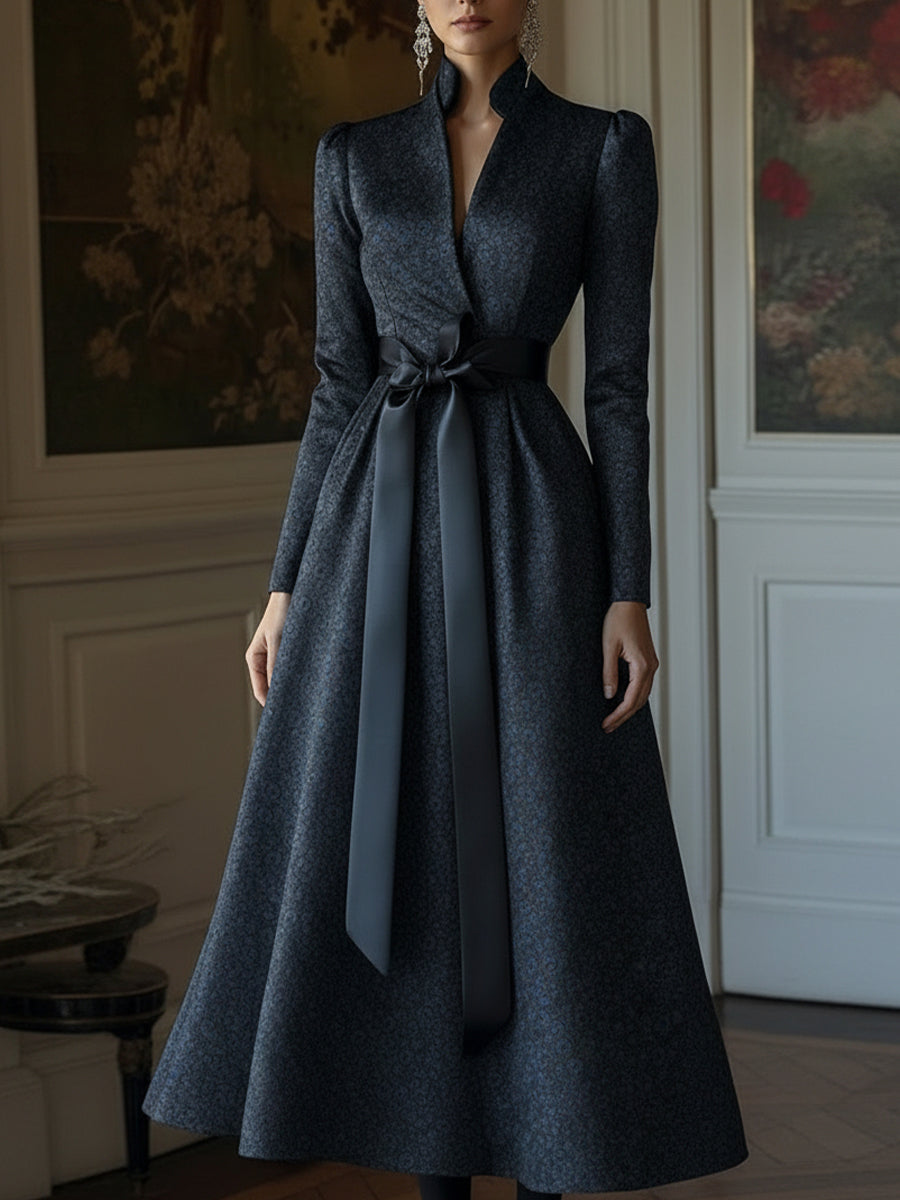 Navy Jacquard Long Sleeves A-Line Evening Gown With Satin Bow