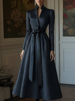 Navy Jacquard Long Sleeves A-Line Evening Gown With Satin Bow