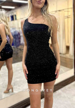 One Shoulder Sleeveless Glitter Sheath Pleated Mini Homecoming Dresses
