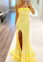 Ruched High Slit Strapless Mermaid Evening Prom Dresses with Train