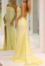 Ruched High Slit Strapless Mermaid Evening Prom Dresses with Train