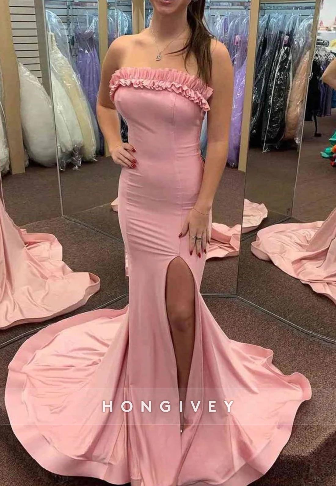 Ruched High Slit Strapless Mermaid Evening Prom Dresses with Train