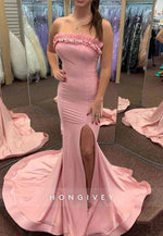 Ruched High Slit Strapless Mermaid Evening Prom Dresses with Train