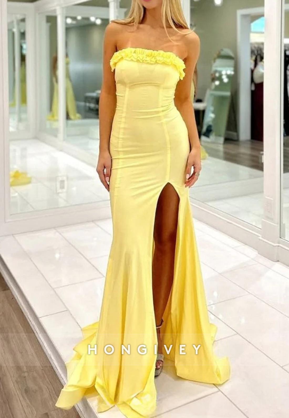 Ruched High Slit Strapless Mermaid Evening Prom Dresses with Train