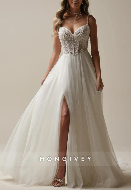 Low Back Beading Spaghetti Straps Tulle Sweetheart Chapel Train Princess Boho Wedding Dresses