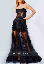 Strapless Black Sweetheart Appliqued Tulle A-Line Evening Gown