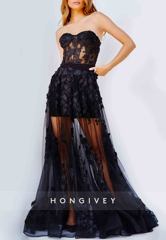 Strapless Black Sweetheart Appliqued Tulle A-Line Evening Gown