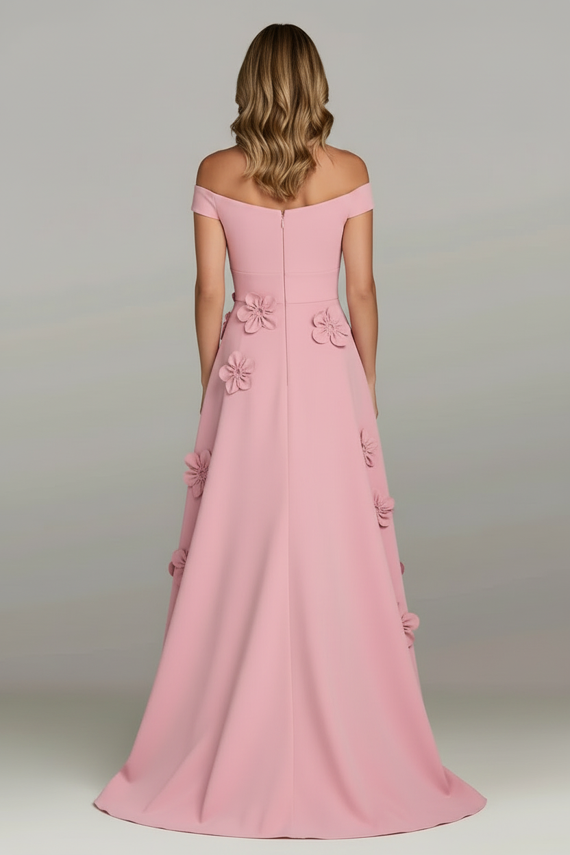Pink Off the Shoulder Sleeveless A-Line Flowera Applique Evening Dress