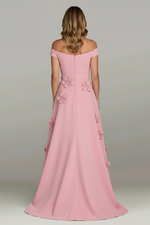 Pink Off the Shoulder Sleeveless A-Line Flowera Applique Evening Dress