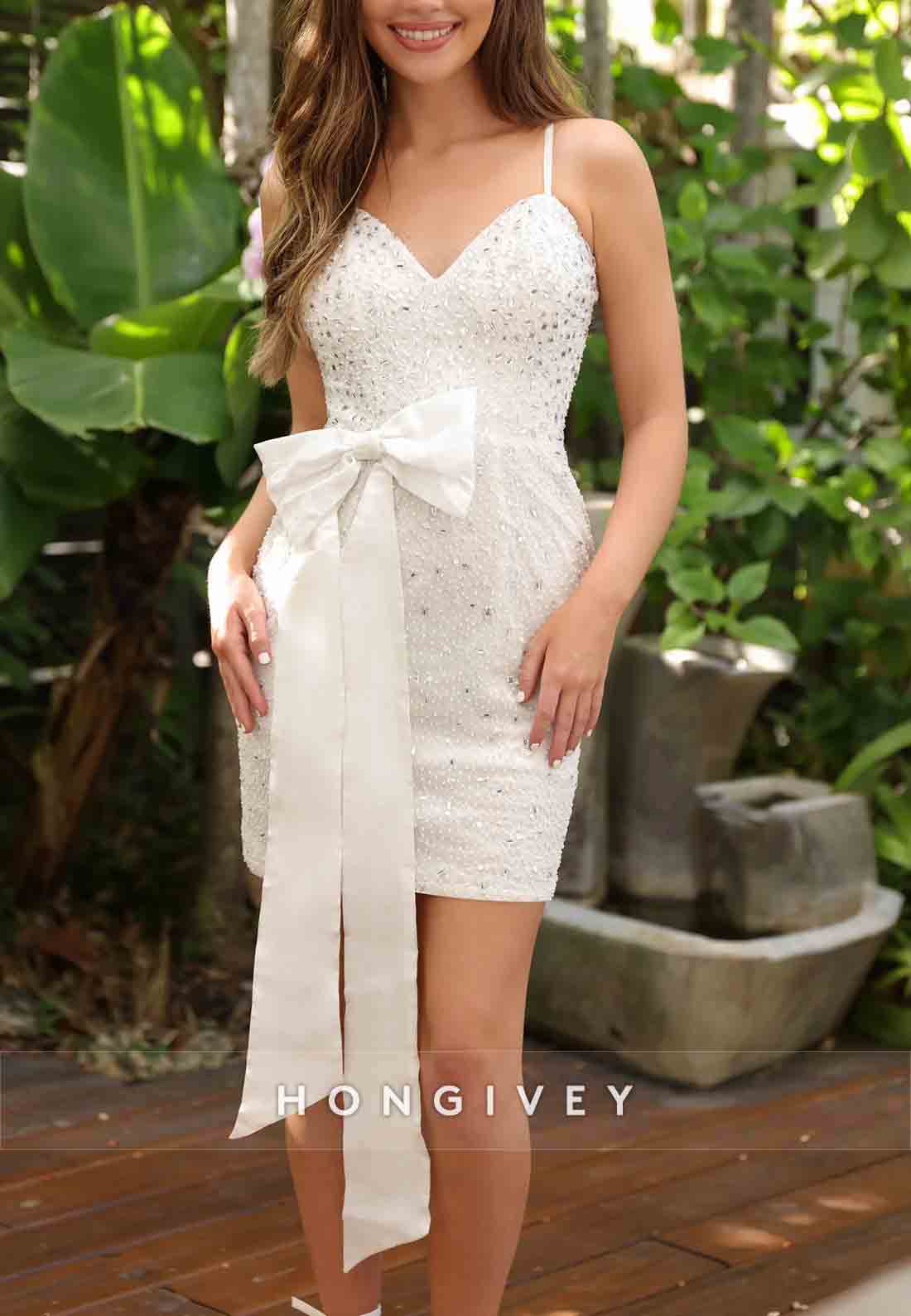 Halter Spaghetti Straps V-Neck Sleeveless Bowknot Beading Mini Homecoming Dresses