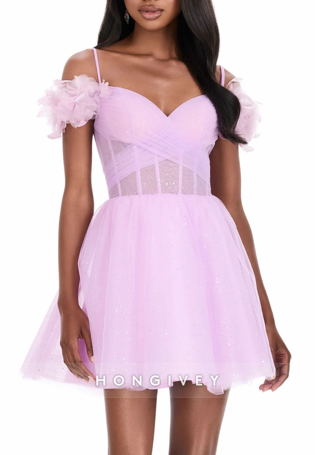 Off-Shoulder Pale Blush Glitter Spaghetti Straps A-Line Short Homecoming Dress