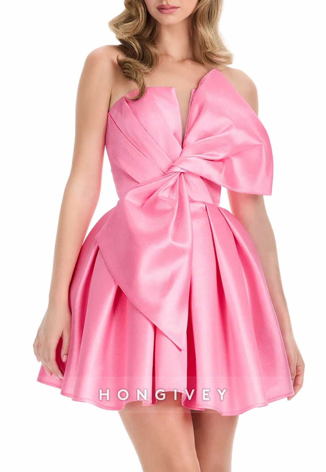 Pink A-Line Satin Strapless Ruched Short Homecoming Dress with Big Bowknot