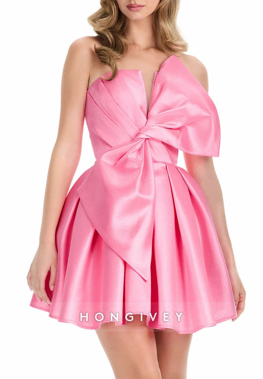 Pink A-Line Satin Strapless Ruched Short Homecoming Dress with Big Bowknot