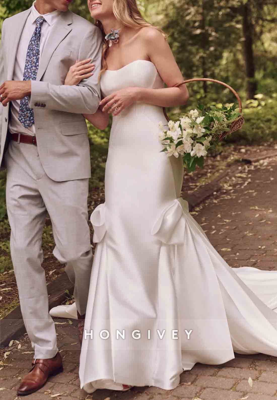 Satin Strapless Backless Mermaid Sweetheart Wedding Dresses with Bowknot