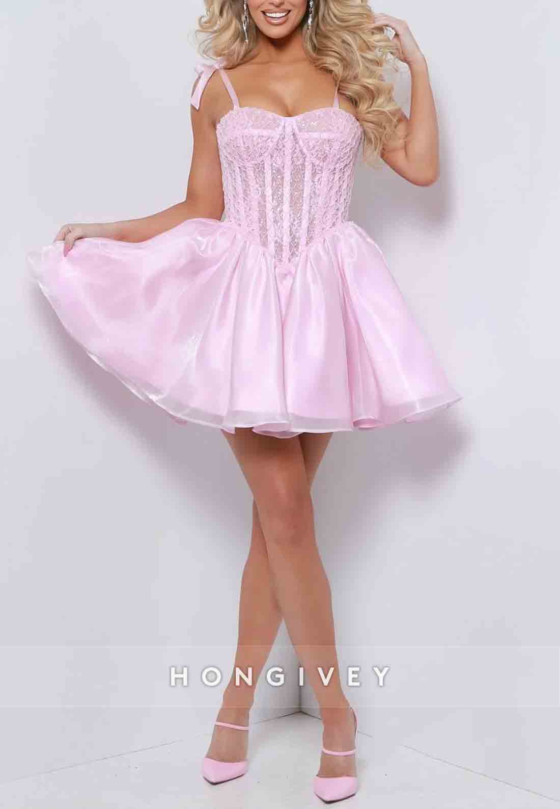 Pink Spaghetti Straps A-Line Lace Sweetheart Pleated Short Homecoming Dress