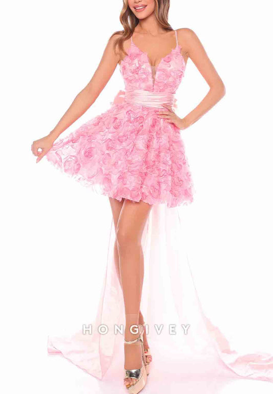 Spaghetti Straps A-Line Detachable Short Homecoming Dresses with Rose Appliques