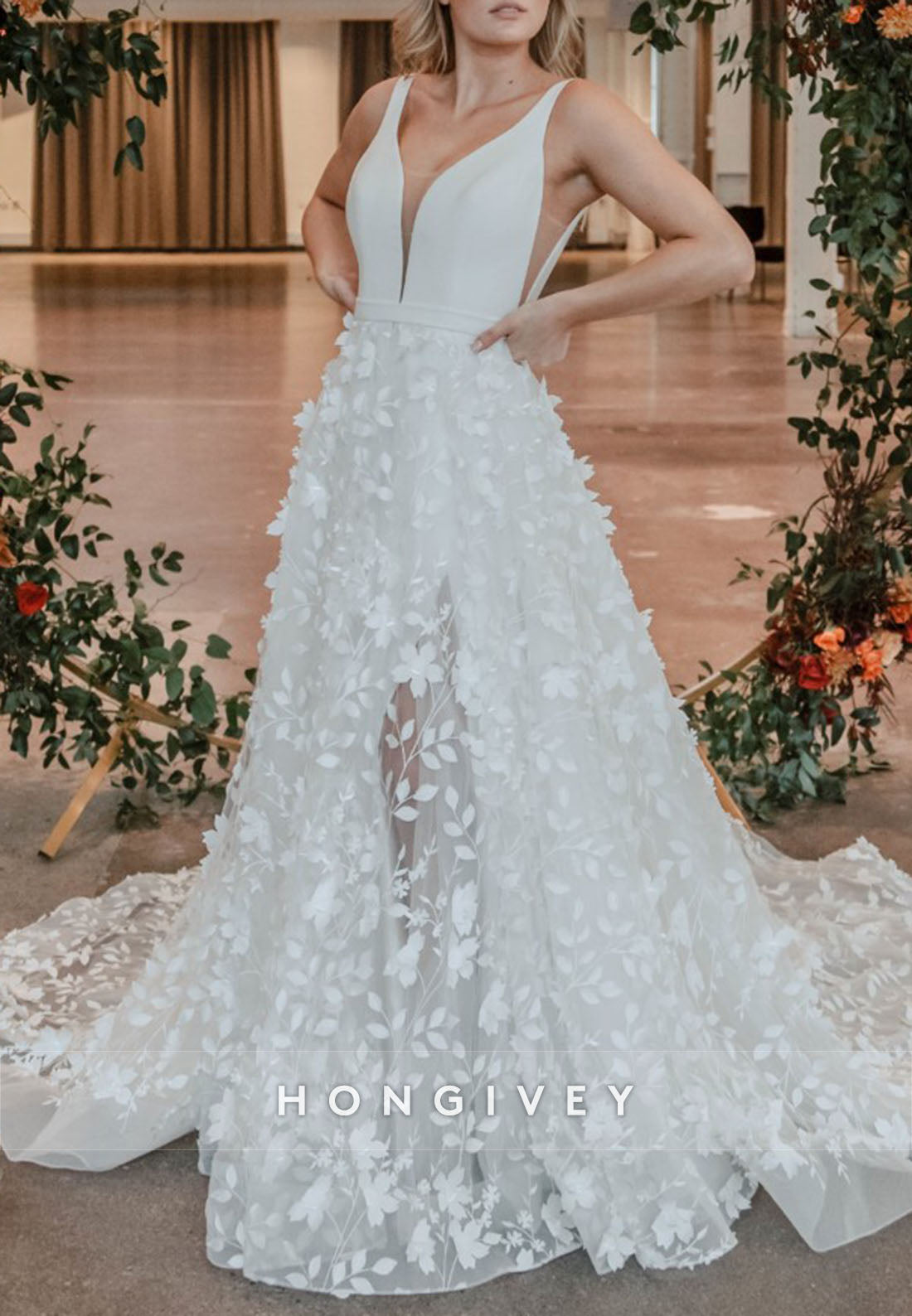 V Back A-Line Regular Straps Court Train Wedding Dresses with Appliques