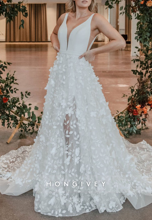 V Back A-Line Regular Straps Court Train Wedding Dresses with Appliques